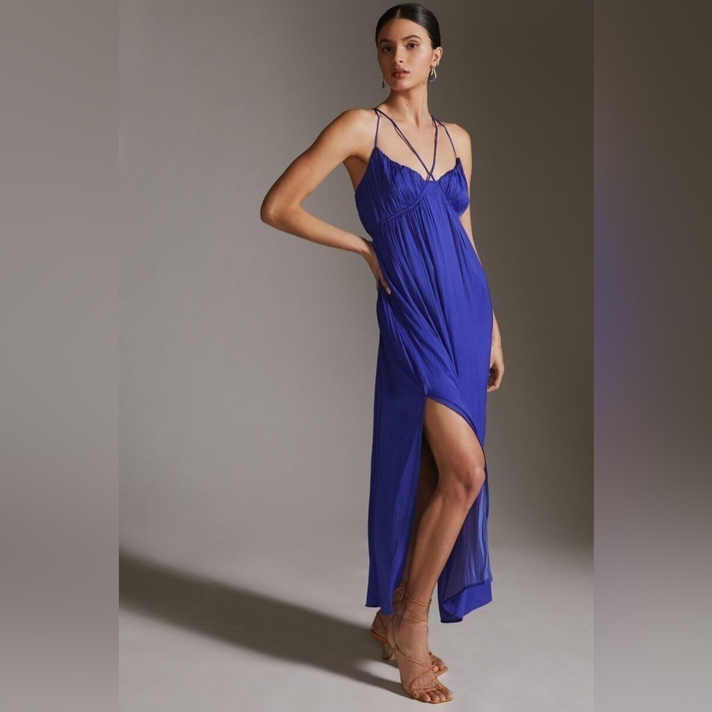 Anthropologie Halter Side Slit Maxi Dress Satin Double Slit in Blue Womens Large - Picture 10 of 10